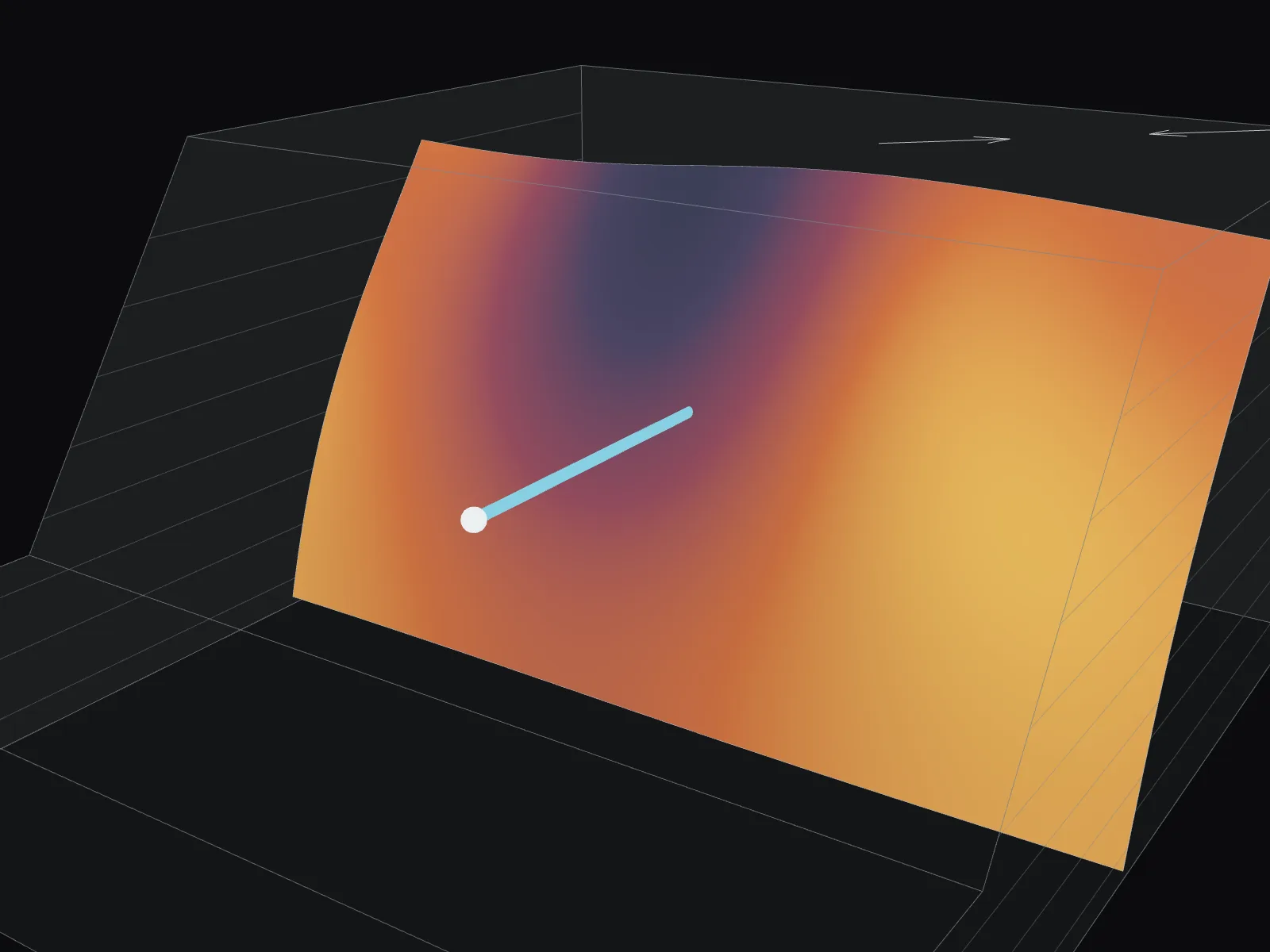A see-through rock slope with a curved fault plane behind its face. The fault is coloured from dark blue to amber by slip tendency, and a horizontal borehole runs from the slope face into the fault. Synthetic data.